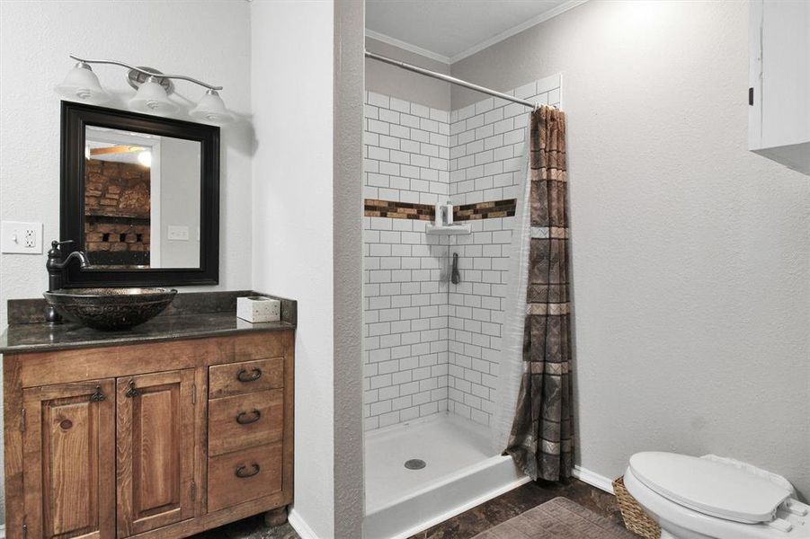 Bathroom featuring vanity, crown molding, a shower with shower curtain, and toilet
