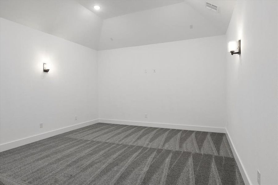 Carpeted empty room with vaulted ceiling