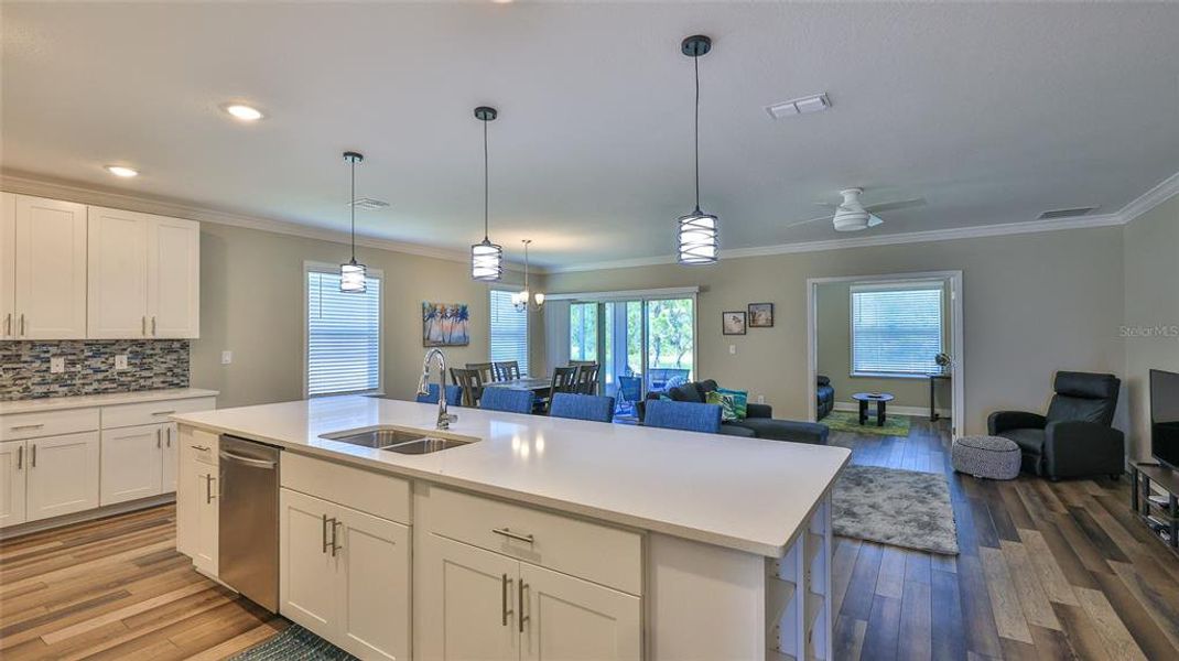 Center island with stainless sink and dishwasher