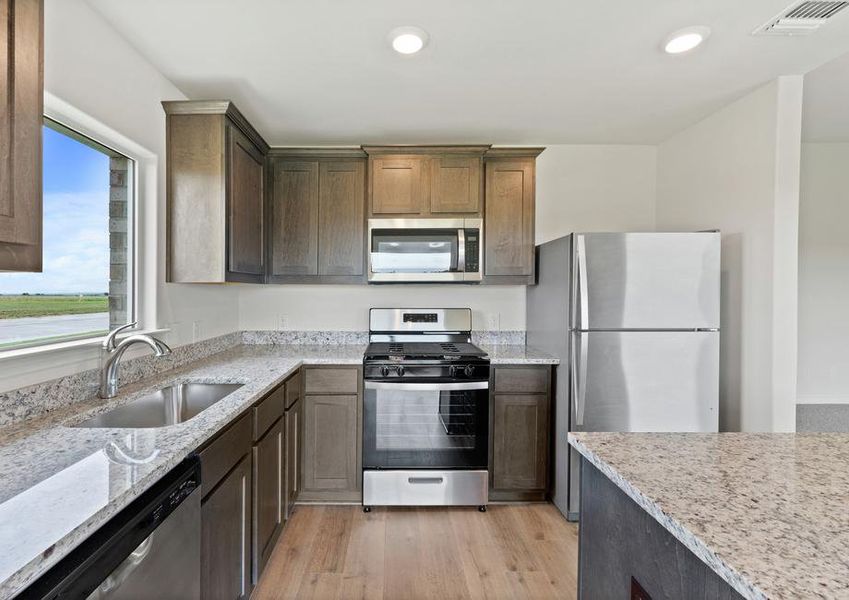 The kitchen has energy efficient appliances.