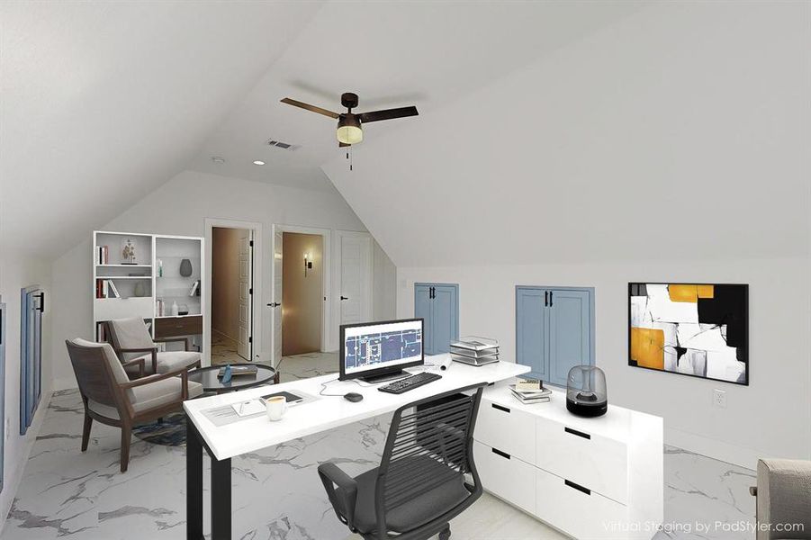 Office space featuring light tile patterned flooring, vaulted ceiling, and ceiling fan