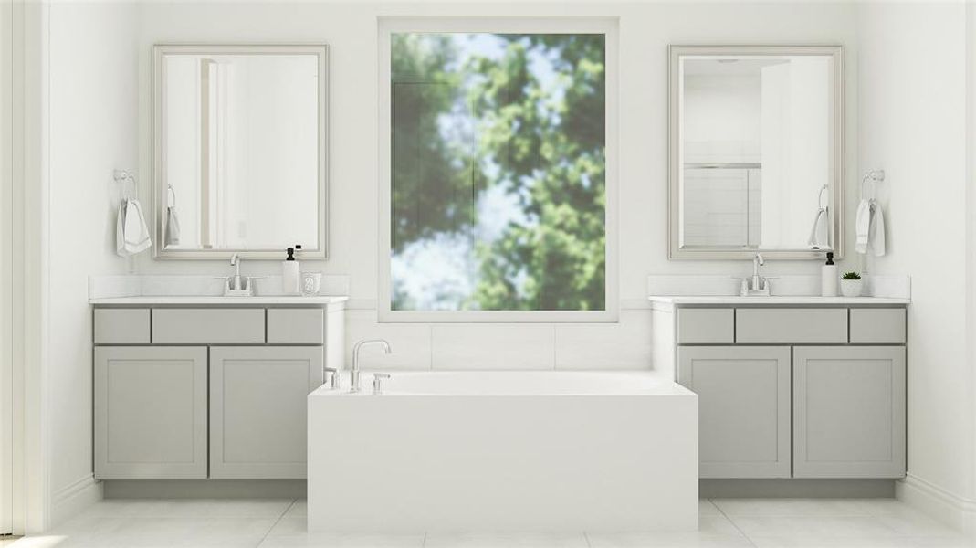 Bathroom with vanity, a bath, and tile patterned floors