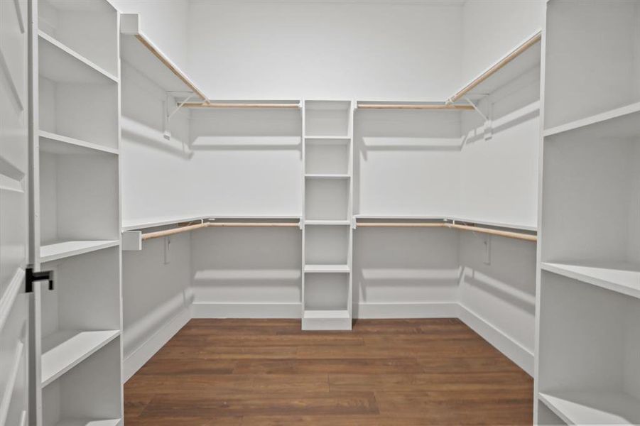 Spacious closet featuring dark hardwood / wood-style floors