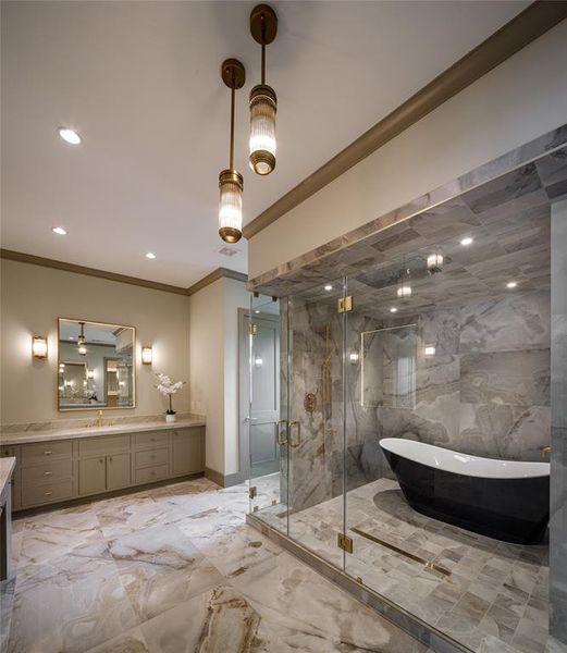 Lavish dual spa-like primary bathroom with gorgeous imported porcelain floors, double vanities, LED lit-up mirrors, double water closets with power outlets for potential bidet seats and two separate dressing areas