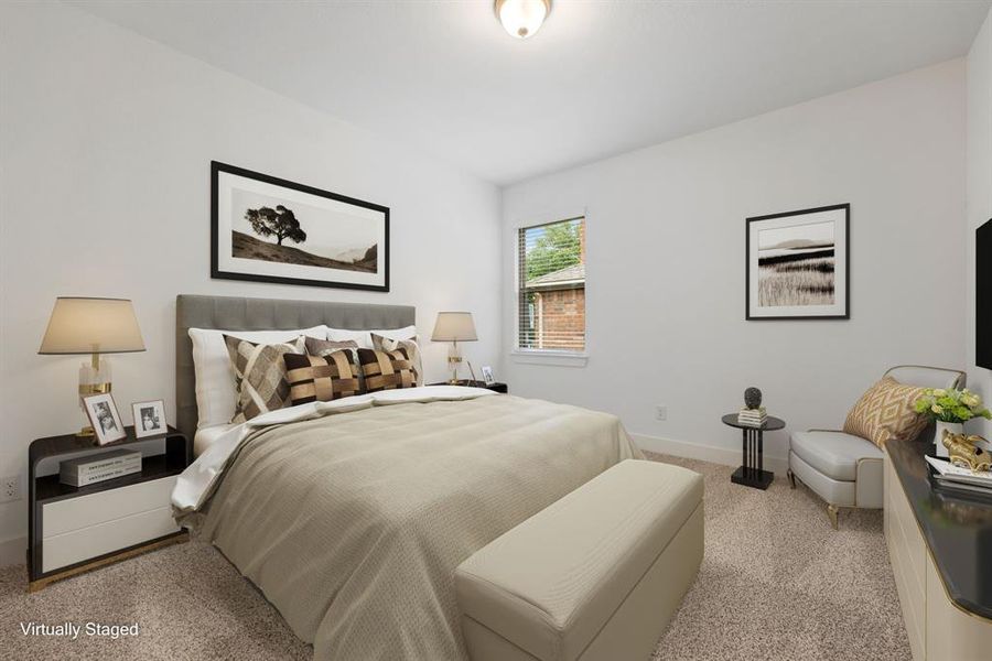 Secondary bedroom features plush carpet, neutral paint, high ceilings, ample closet, and a large window with privacy blinds.