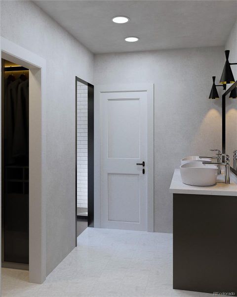 Primary ensuite with double vanity and designer finishes.This photo is for illustration purposes only and not meant to be an exact rendition. Some items may not be standard and/or represent the specific finish or color.