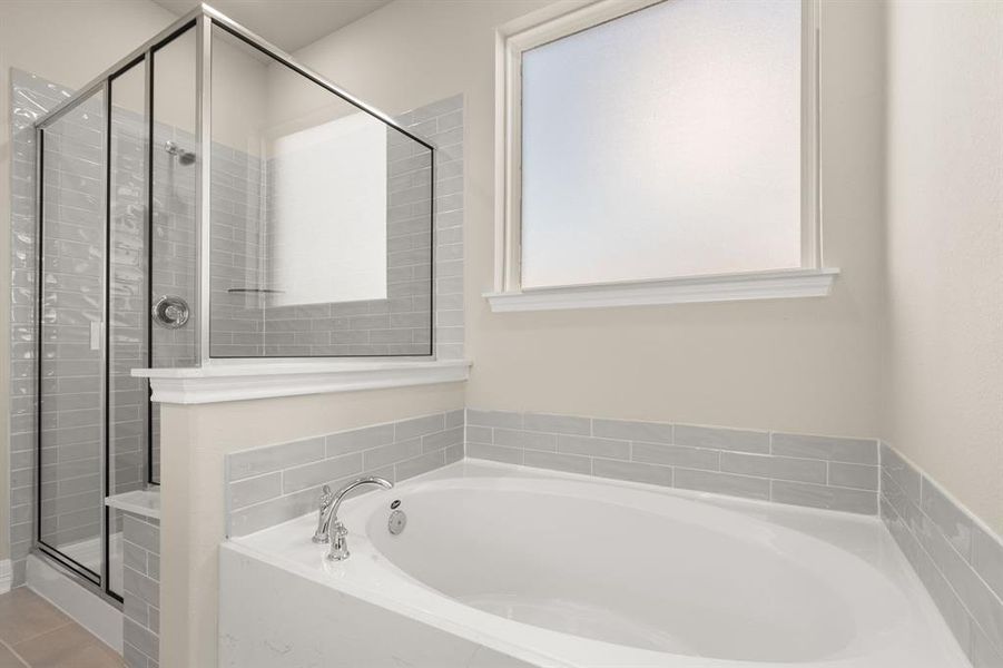 This additional view of your primary bathroom features tile flooring, fresh paint, walk-in shower, a separate garden tub, and a large walk-in closet.