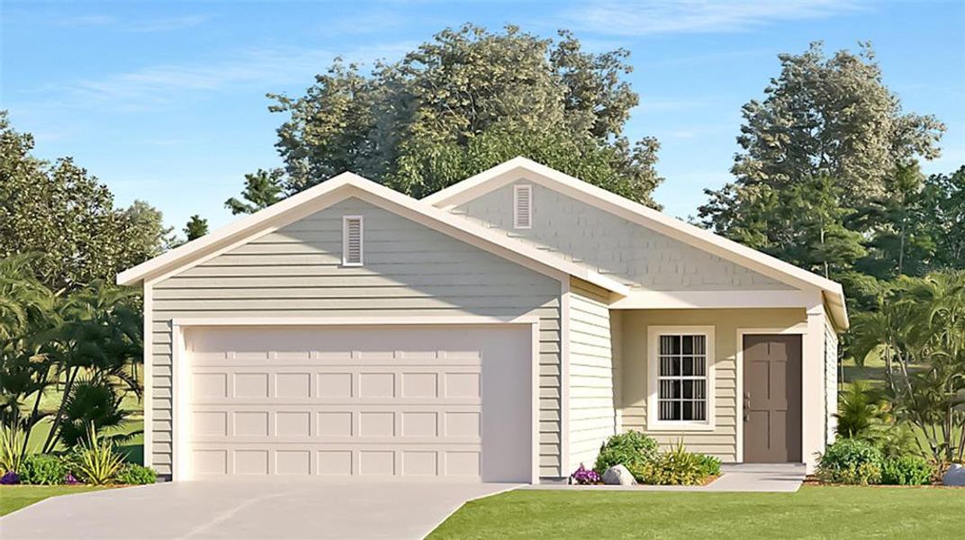 Artist rendering; illustration only; colors, features, and garage orientation may differ.