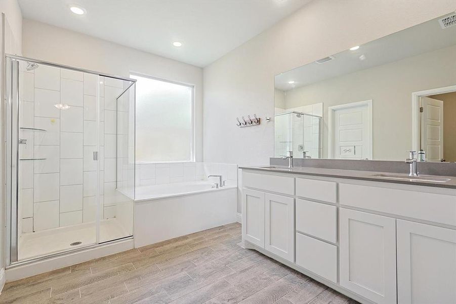 LARGE Ensuite bathroom with dual sinks, quartz countertops, separate shower, large soaking tub and LARGE walk in closet