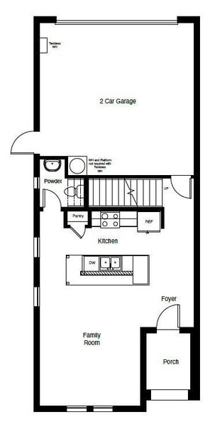D.R. Horton's Brazos floorplan, 1st floor - All Home and community information, including pricing, included features, terms, availability and amenities, are subject to change at any time without notice or obligation. All Drawings, pictures, photographs, video, square footages, floor plans, elevations, features, colors and sizes are approximate for illustration purposes only and will vary from the homes as built.