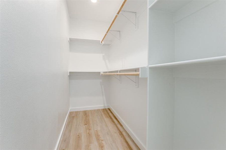 Primary bedroom: Walk in closet with light hardwood / wood-style floors