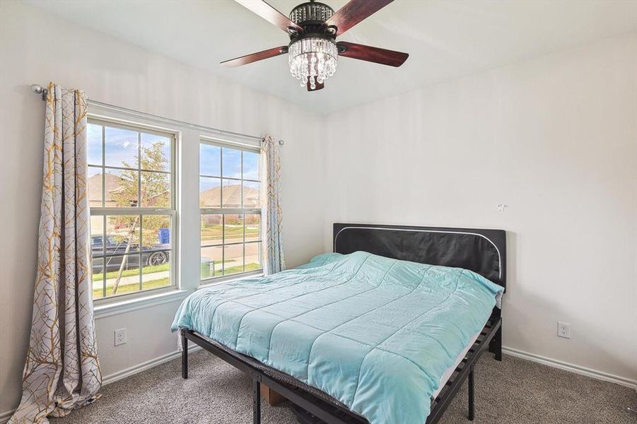 Bedroom featuring multiple windows, carpet floors, and ceiling fan