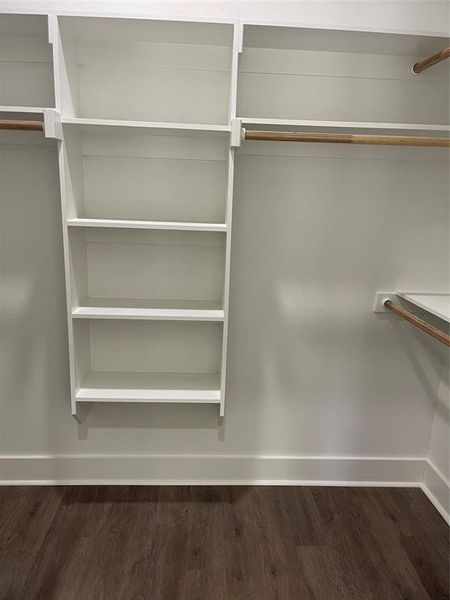 Spacious closet with dark hardwood / wood-style flooring