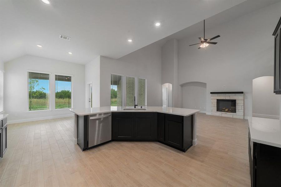 Kitchen with dishwasher, light hardwood / wood-style flooring, ceiling fan, sink, and high vaulted ceiling