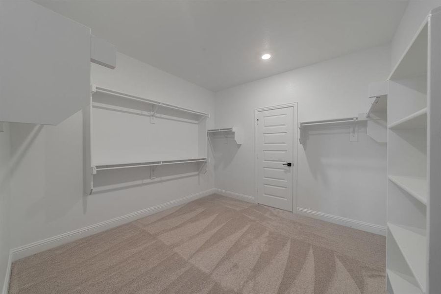 Walk in closet with light colored carpet