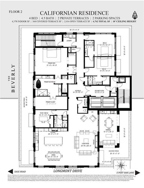 The Californian Floorplan - Consisting of 4 bedrooms, 4.5 baths on one single level completed with 2 private elevators opening directly into secured & private resident corridor. Home consists of over 4,300 interior square feet with an additional 2300+ square feet of outdoor living areas!