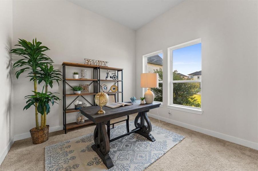 The study is illuminated by wide windows that bring in ample natural light, creating a bright and airy atmosphere. Soft carpet flooring enhances comfort and adds a cozy touch to this tranquil workspace.