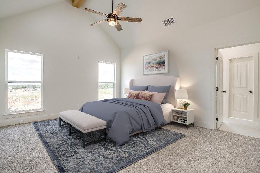 Carpeted bedroom with high vaulted ceiling, beam ceiling, and ceiling fan