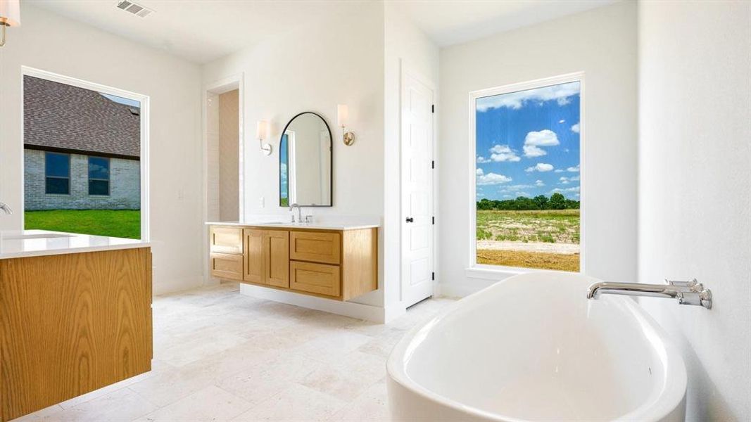 Bathroom with vanity and a washtub