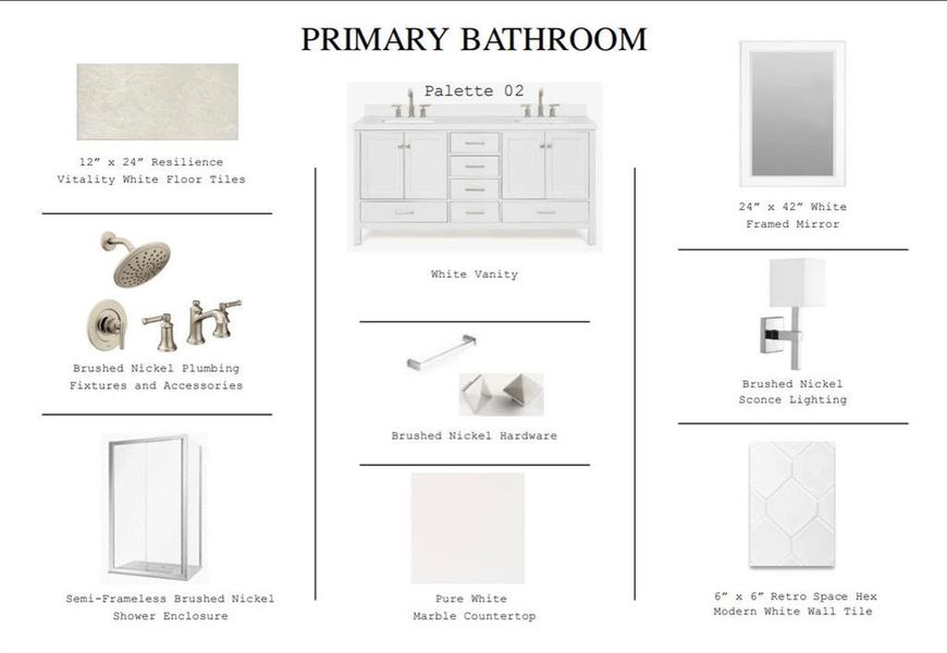 Classic pallet 2 primary bath selections. (*Photo not of actual home and used for illustration purposes only.)