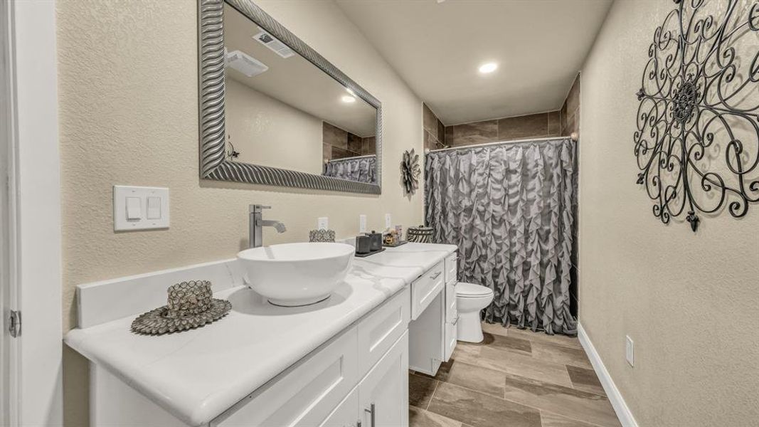 Bathroom featuring vanity, hardwood / wood-style floors, a shower with shower curtain, and toilet