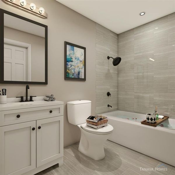 This hallway common bathroom features an upgraded vanity, matte black fixtures, elegant high-arc faucet, and a classic white bathtub. Example photo, virtually staged