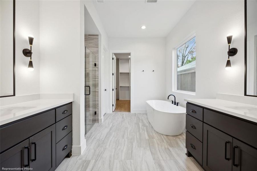 Primary Bathroom with soaking tub, standing shower and separate vanities