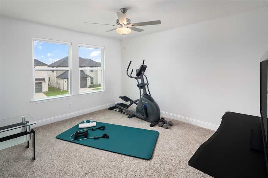 Exercise room featuring carpet and ceiling fan