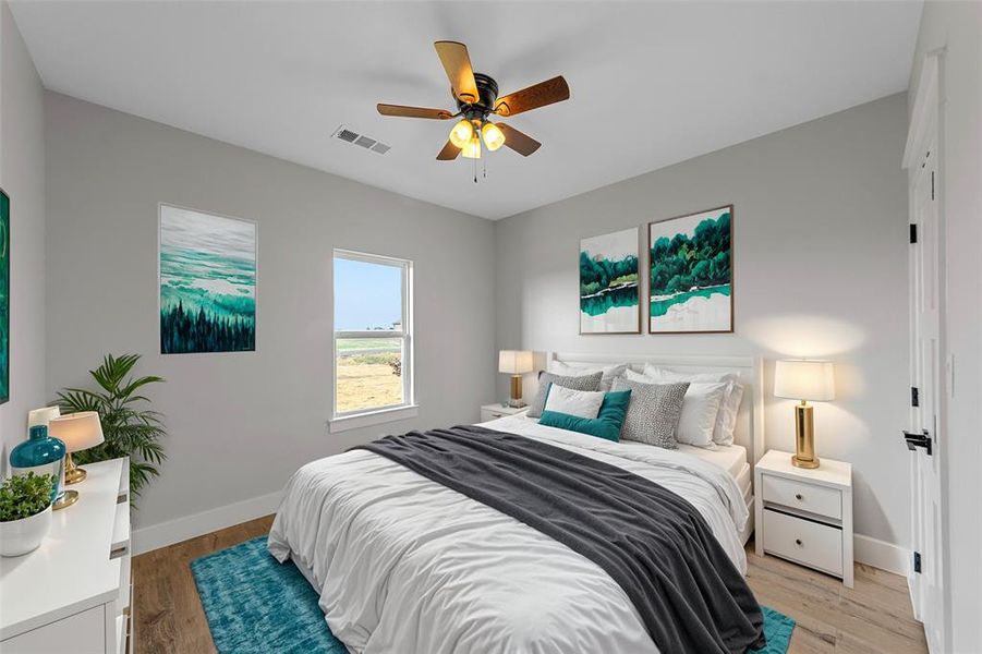 Virtual Staging Bedroom featuring light hardwood / wood-style floors and ceiling fan