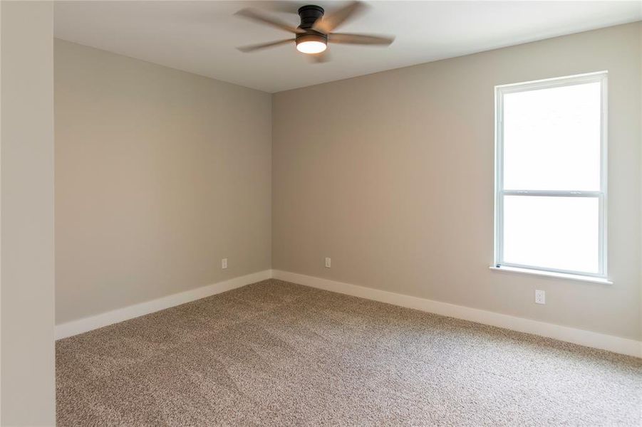 Carpeted empty room with plenty of natural light and ceiling fan
