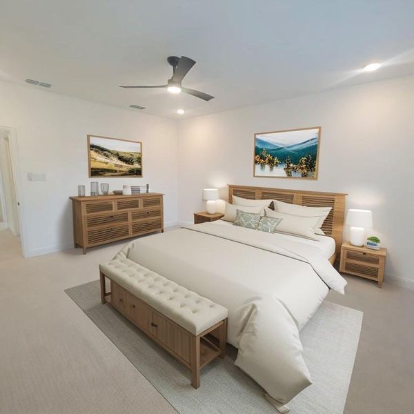 Bedroom featuring light carpet and ceiling fan. Photo generated with AI furniture not included in the sale.