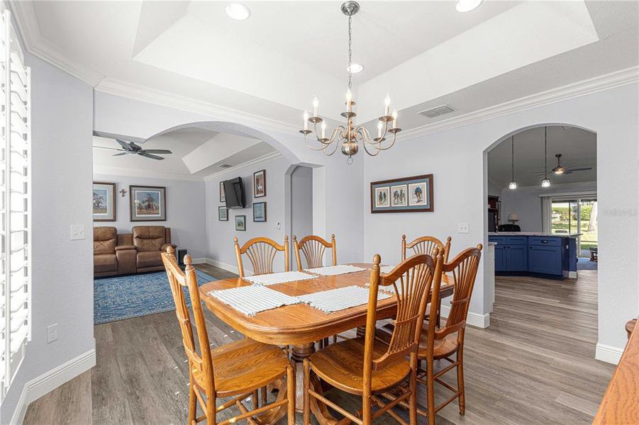 Arched doorways, crown molding, tray ceilings and plantation shutters