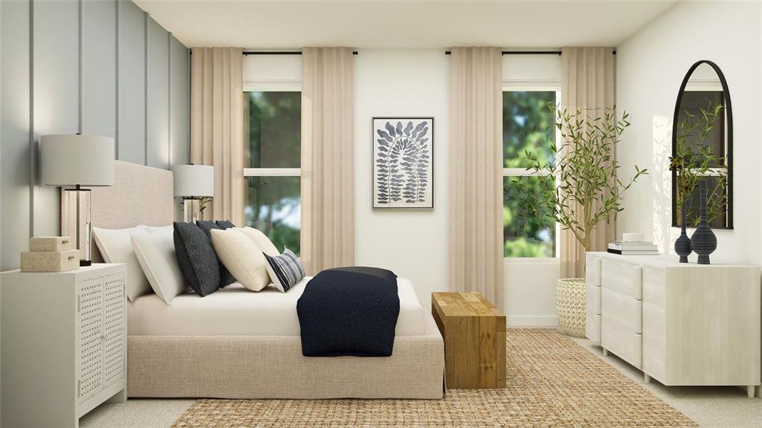 Bedroom with multiple windows and light colored carpet