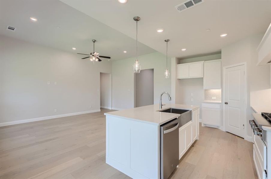 Kitchen with stainless steel dishwasher, tasteful backsplash, ceiling fan, light hardwood / wood-style floors, and a kitchen island with sink