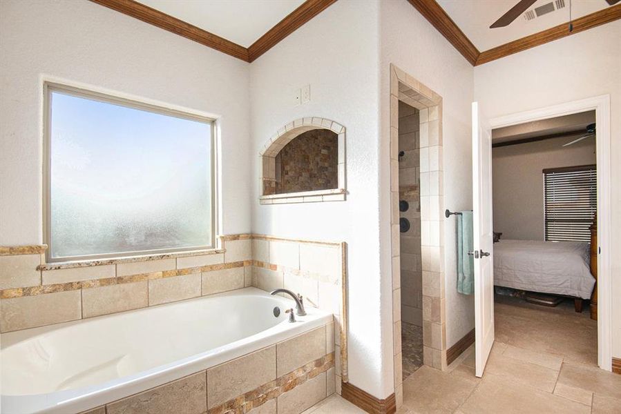 Bathroom with separate shower and tub, crown molding, and tile patterned floors