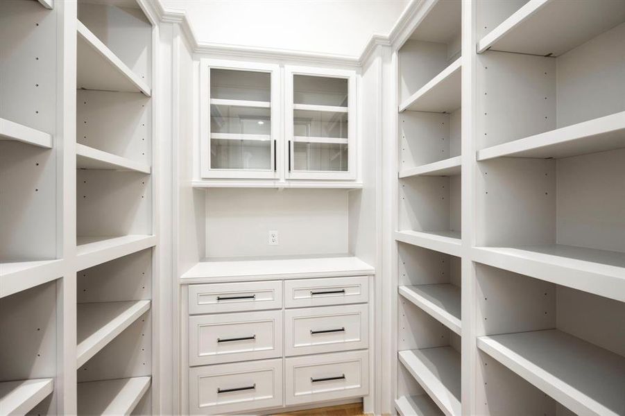 Walk-in pantry w/ custom site-built adjustable shelving, additional counter space & glass-front cabinets.