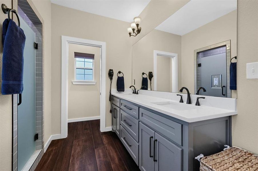 Bathroom with vanity, hardwood / wood-style floors, and a shower with shower door