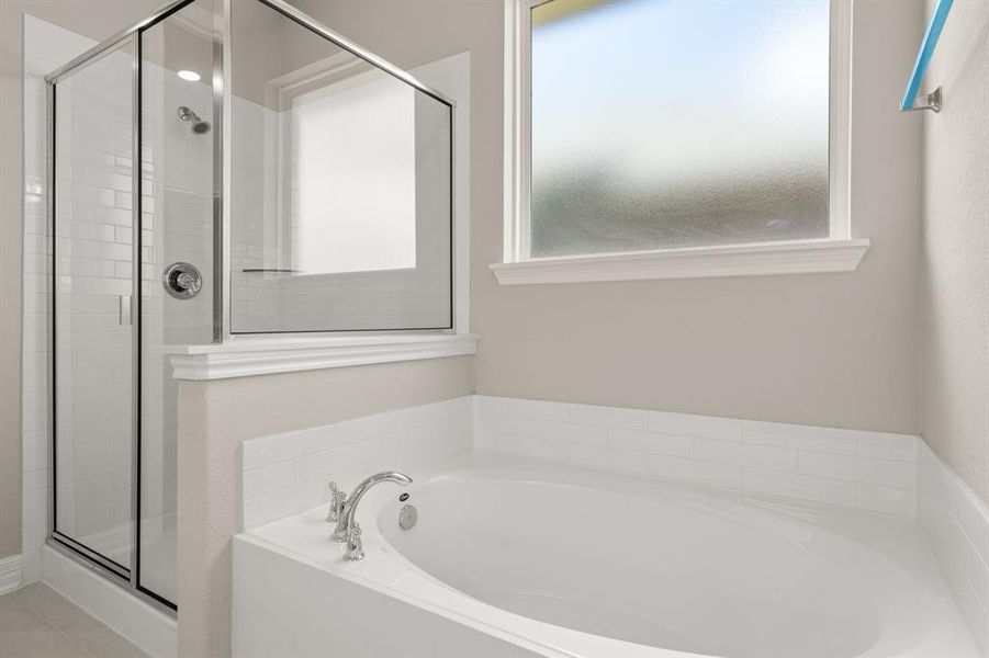 This additional view of your primary bathroom features tile flooring, fresh paint, walk-in shower, a separate garden tub, and a large walk-in closet.