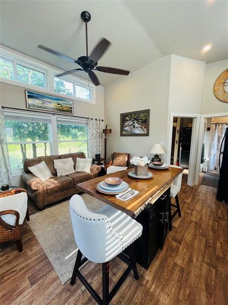 Living room with plenty of natural light, a high ceiling, dark hardwood / wood-style floors, and ceiling fan