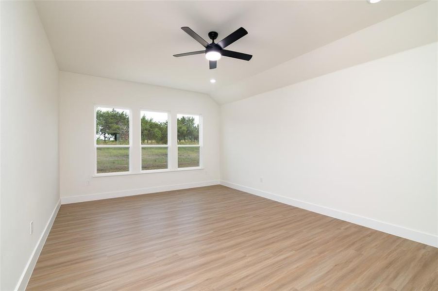 Unfurnished room with light hardwood / wood-style floors, lofted ceiling, and ceiling fan