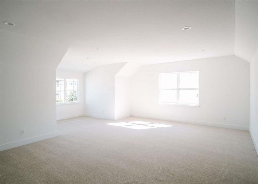 Additional living space featuring vaulted ceiling and light carpet