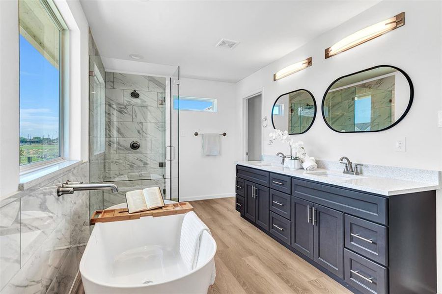 Bathroom featuring hardwood / wood-style flooring, plus walk in shower, and dual bowl vanity