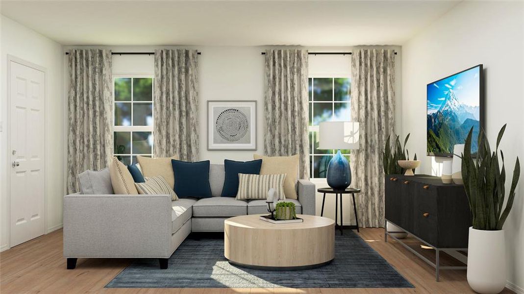 Living room with wood-type flooring