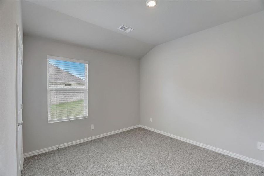 Unfurnished room featuring lofted ceiling and carpet floors