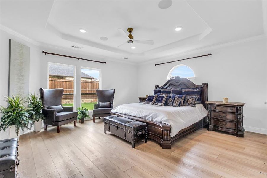 Bedroom with a raised ceiling, multiple windows