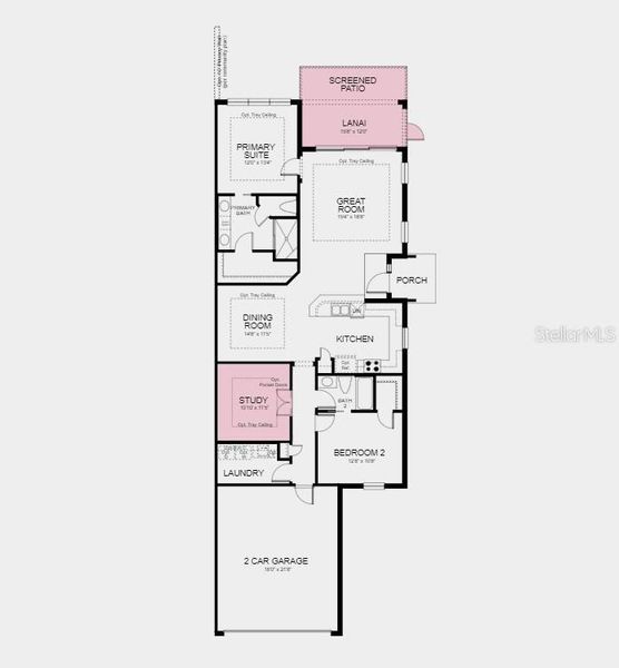 Structural options added include; Study, 8' interior doors, tray ceilings in gathering, dining, study and primary suite, double pocket door at study, and extended covered patio