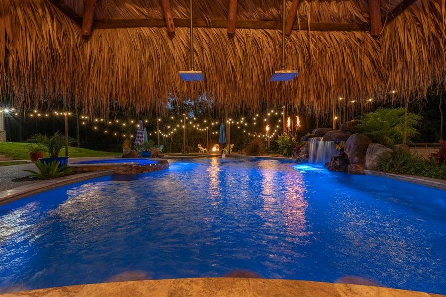 This view from the inside of the tiki covered bar shows the bartender's view of the pool and other poolside amenities.