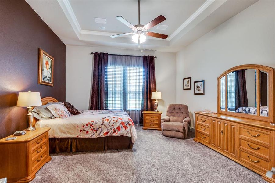 Carpeted bedroom with a tray ceiling and ceiling fan