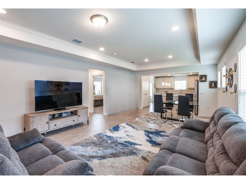 Tray ceilings in family room and master