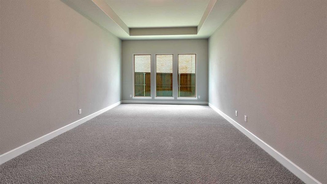 Carpeted empty room with a tray ceiling